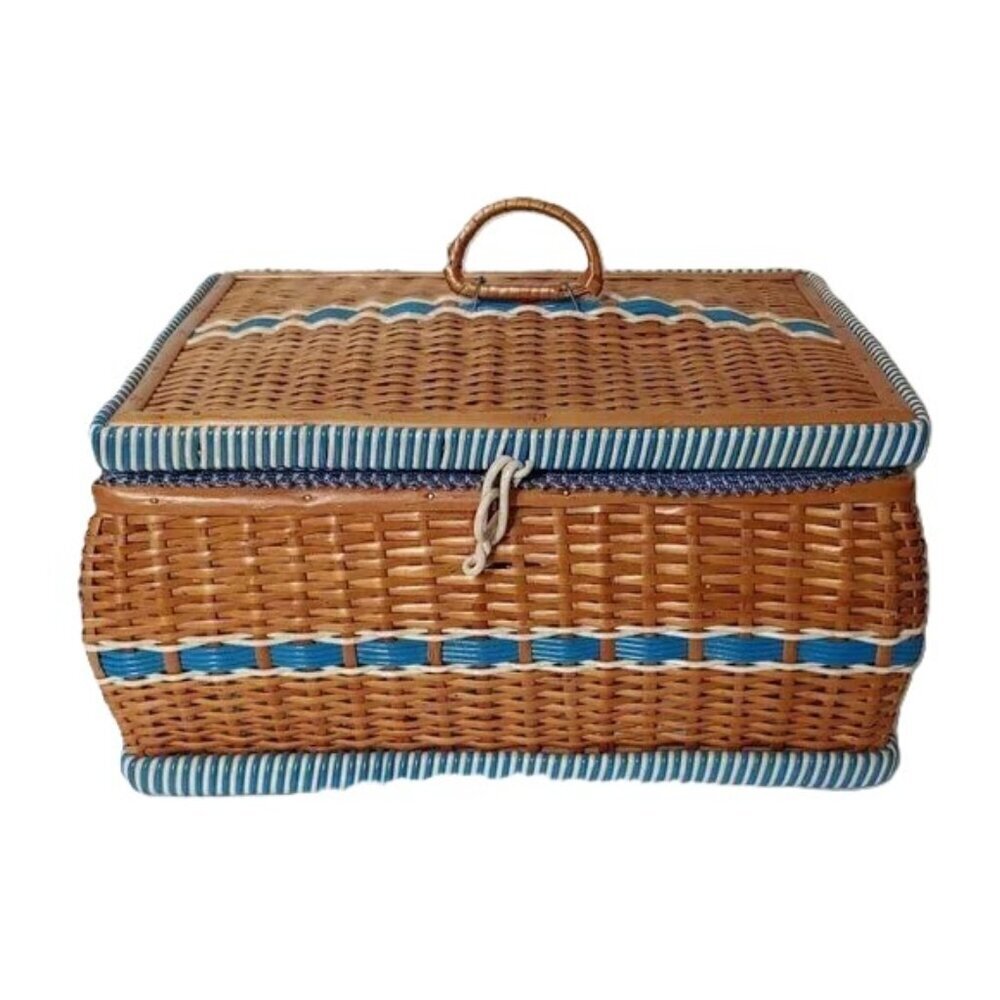 Vintage Sewing Basket Whicker Rattan Box Mid-Century MCM Czech